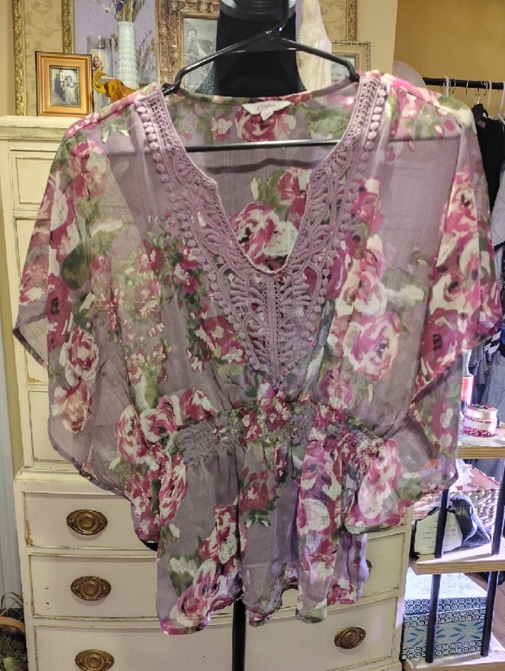 Candie's Lavender Floral Crochet-Trim Peasant Blouse - Picture 11 of 11
